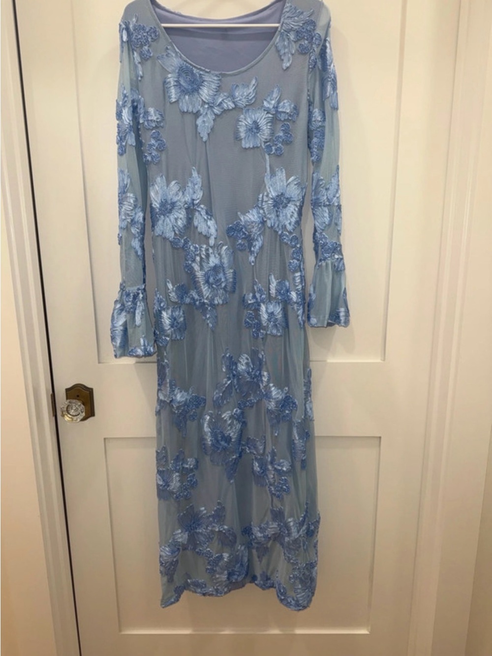 Sky Blue Floral Appliqué Long Sleeve Maxi Dress